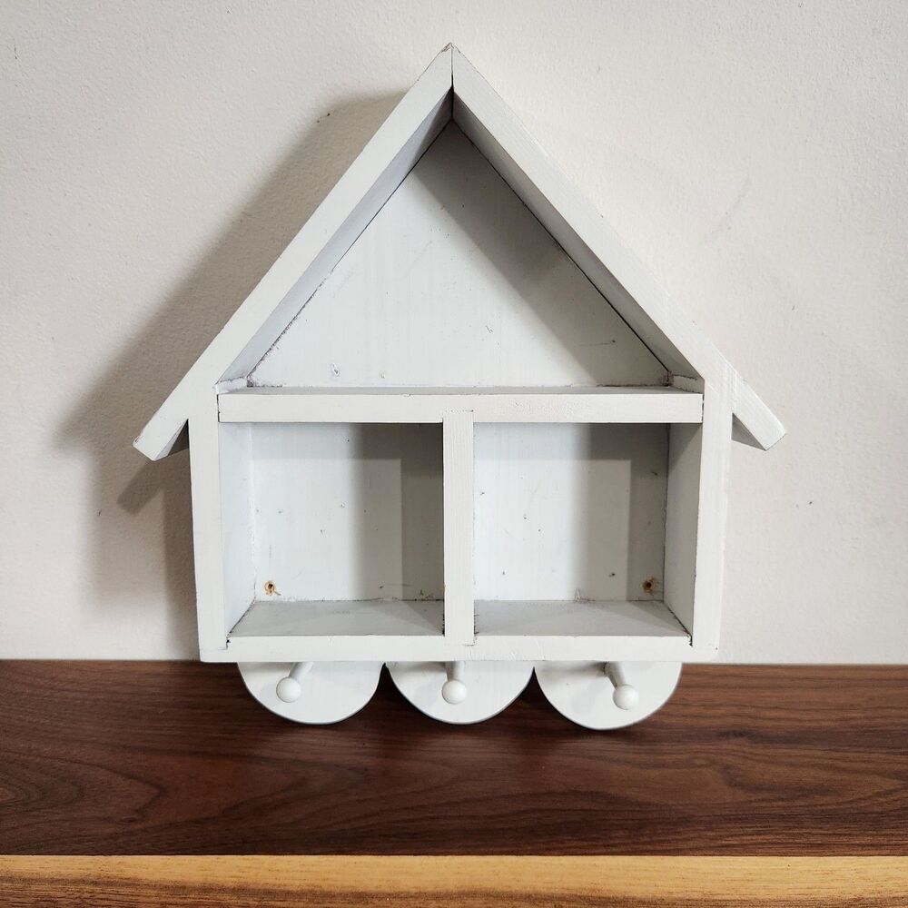 Vintage Wood House Shaped Wall Shelf Trinket Curio Cottagecore Decorative Hooks